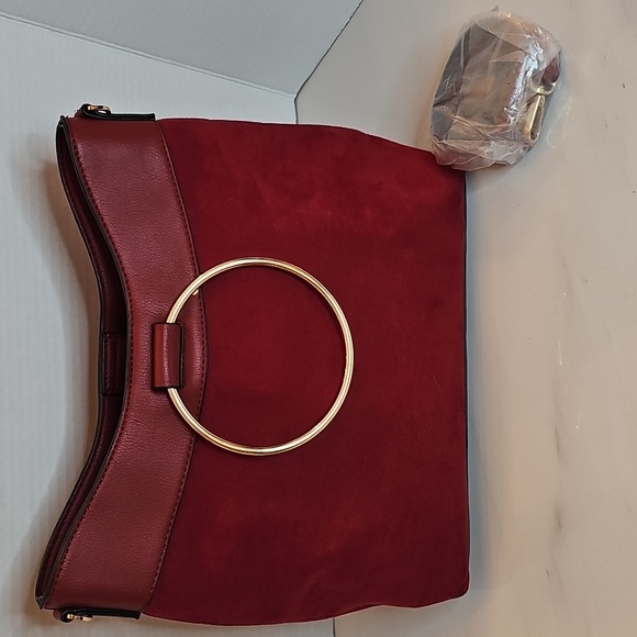 Le Chateau Red Suede Shoulder Bag with Gold Ring - Picture 1 of 9